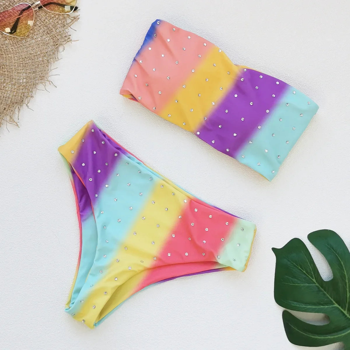 Shiny Pink Gradient Striped Bikini Set