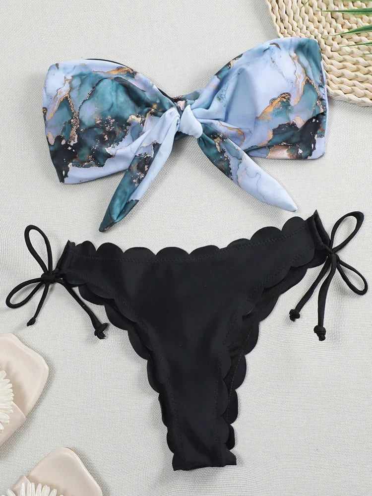 Sexy Scalloped Marble Print Bikini
