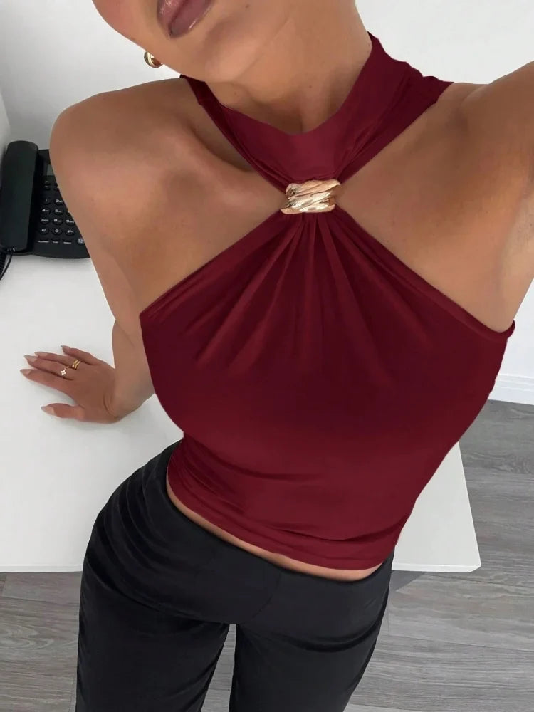 Metal Ring Decor Twist Knot Sleeveless Tank Top