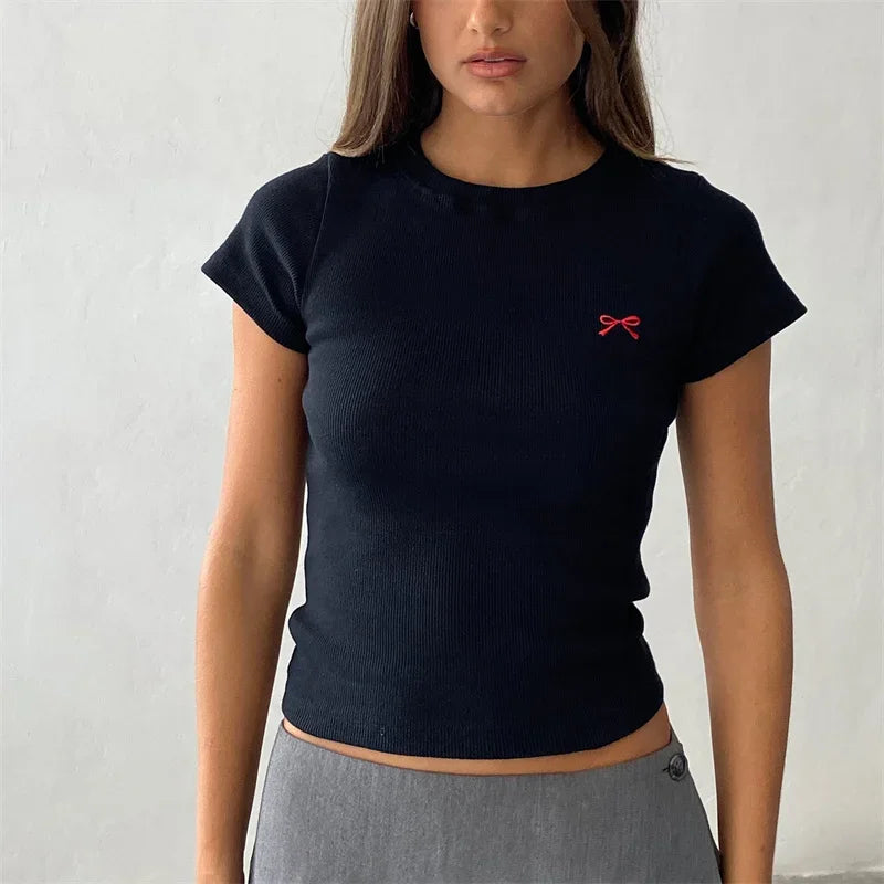 Cute Bow Embroidery Crop Top