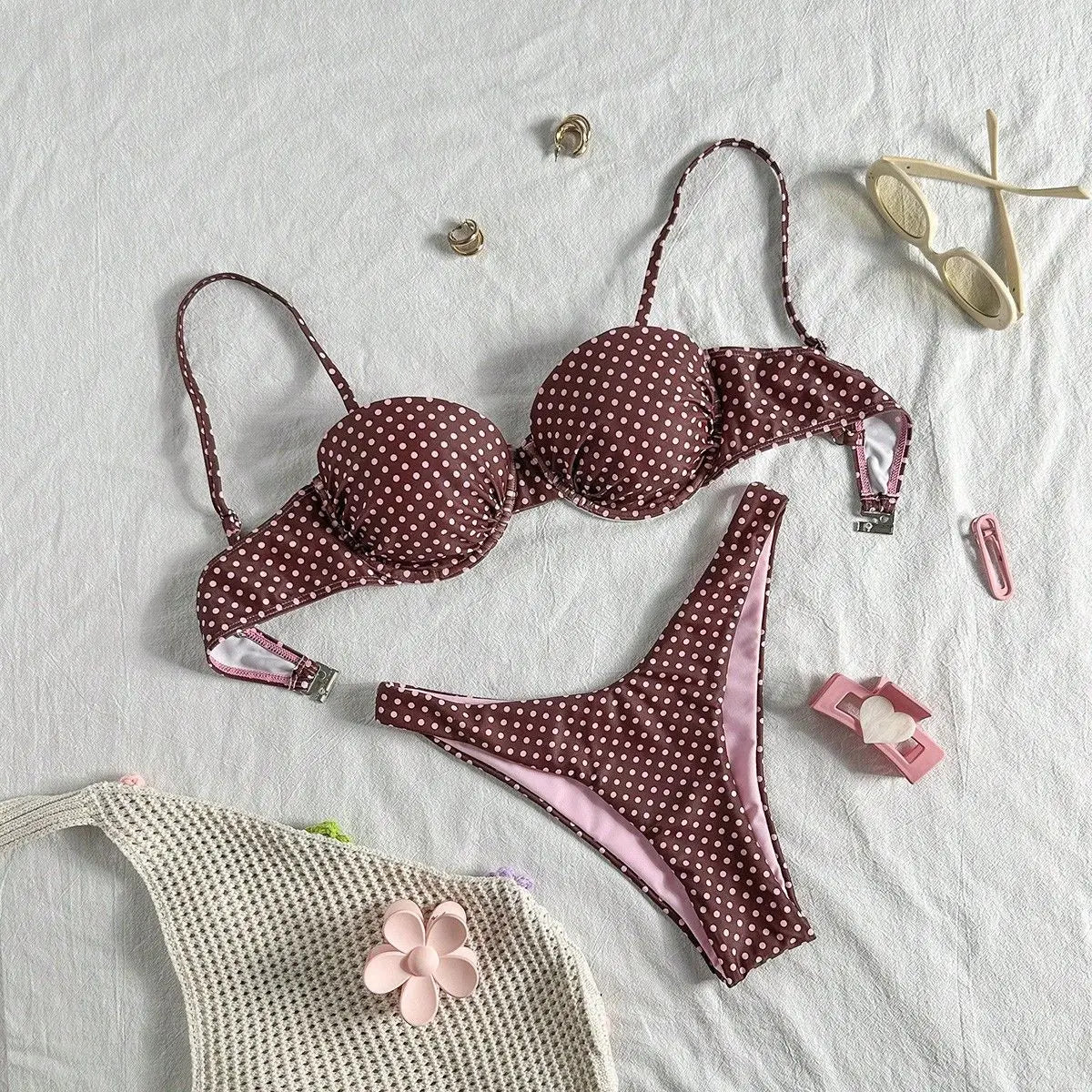 Sexy Coffee Polka Dot Print Bikini Set
