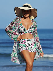 Vintage Long Sleeve Cover Up 3 Piece Bikini Set