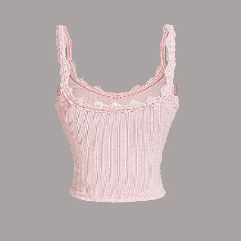 Women's Camisole Ribbed Lace Patchwork Crop Top