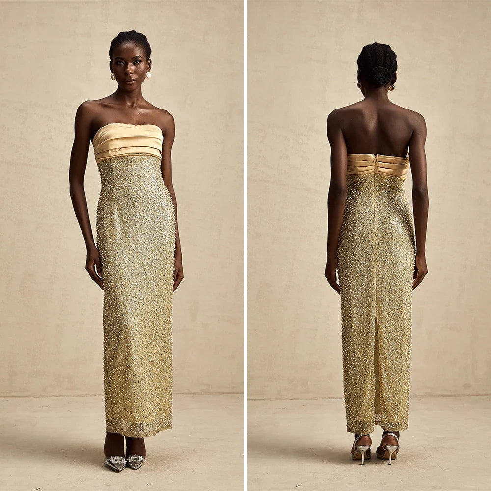 Luxury Strapless Backless Smocked Tiered Slim Fit Pearl Maxi Dress