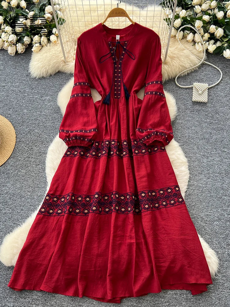 Autumn Embroidery Vacation Long Dress