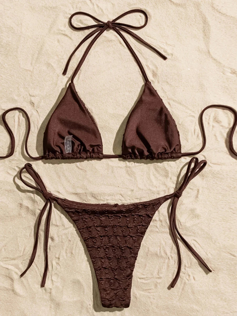 Halter Wrinkled Crinkled High Leg Cut Bikini
