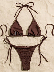 Halter Wrinkled Crinkled High Leg Cut Bikini