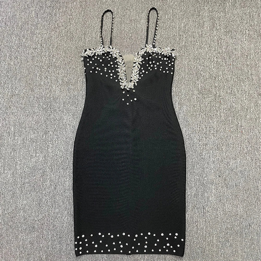 Sexy Spaghetti Strap V-neck Black Mini Bodycon Bandage Dress