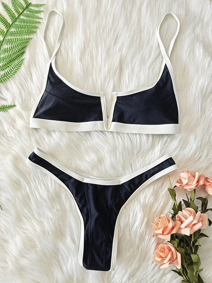 Splicing Denim V Shaped Thong Bikini