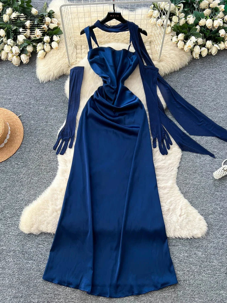 Sexy Satin Party Dresse With Mesh Oversleeve Ribbons Solid Slim 1950s Chic Feminine Flapper Sensual Sling Long Dresses