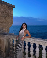 Sexy Backless Zebra  Striped Halter Maxi Dress