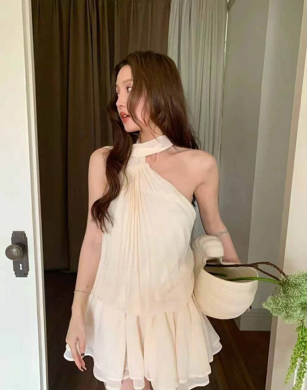 Womens Solid Color Elegant Pleated Halter Ribbon Mini Dress