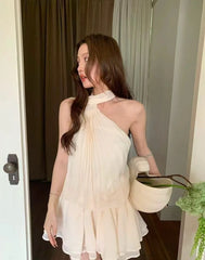 Womens Solid Color Elegant Pleated Halter Ribbon Mini Dress