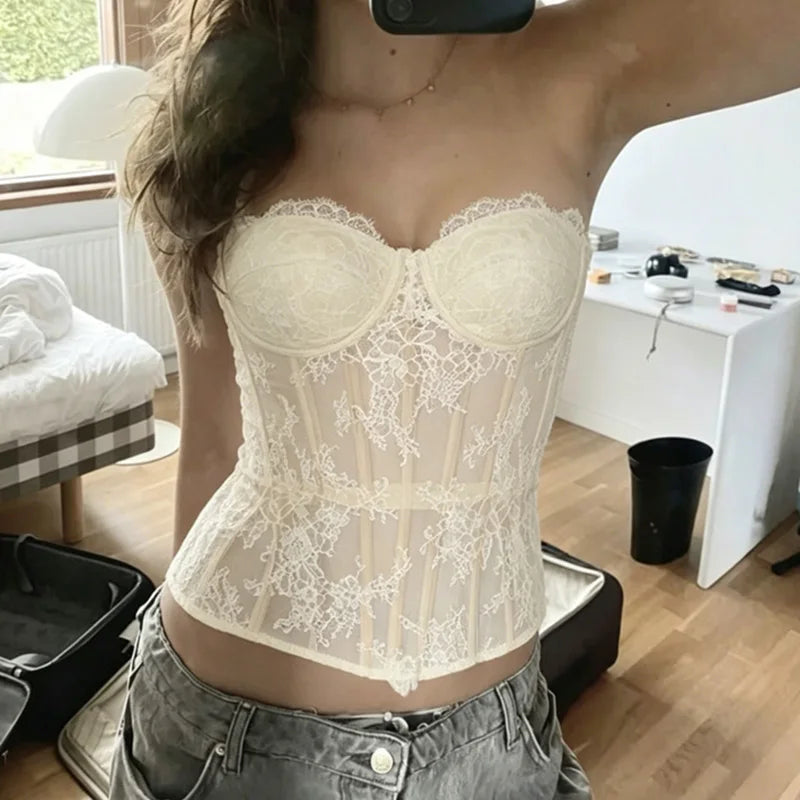 Retro Boned Bustier Strapless Push Up Mesh Tube Top