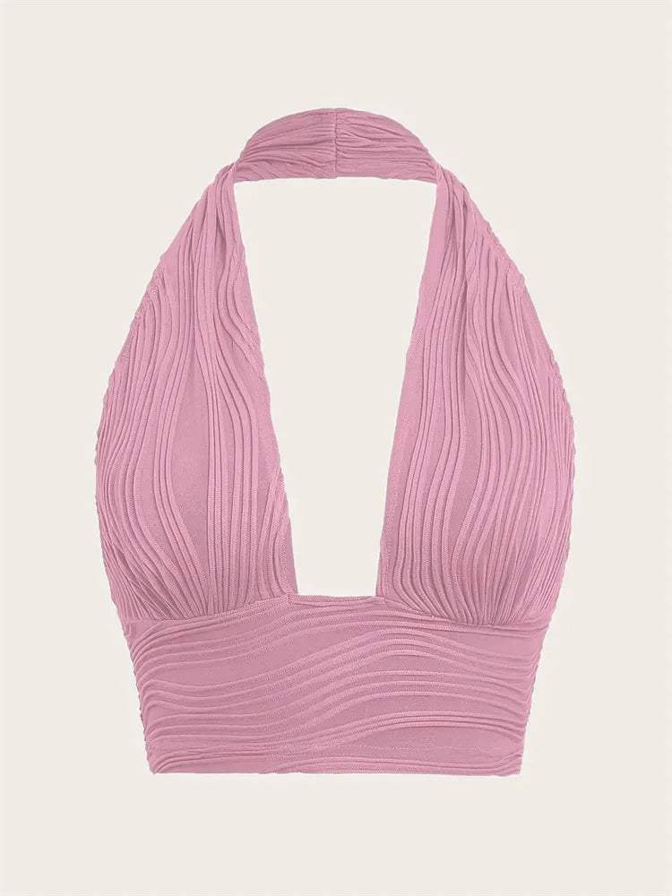 Solid White Backless Crop Halter Top