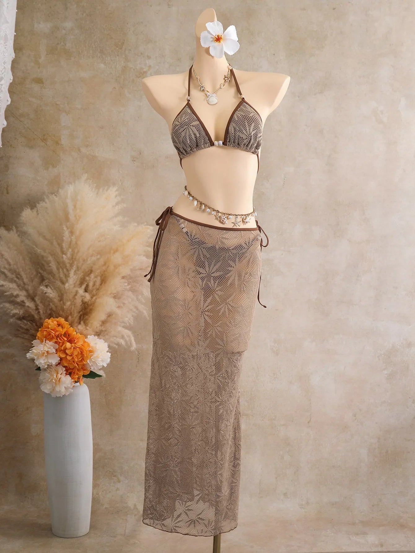 Vintage Coffee Leaves Print Mesh Skirt 3 Piece Bikini Set