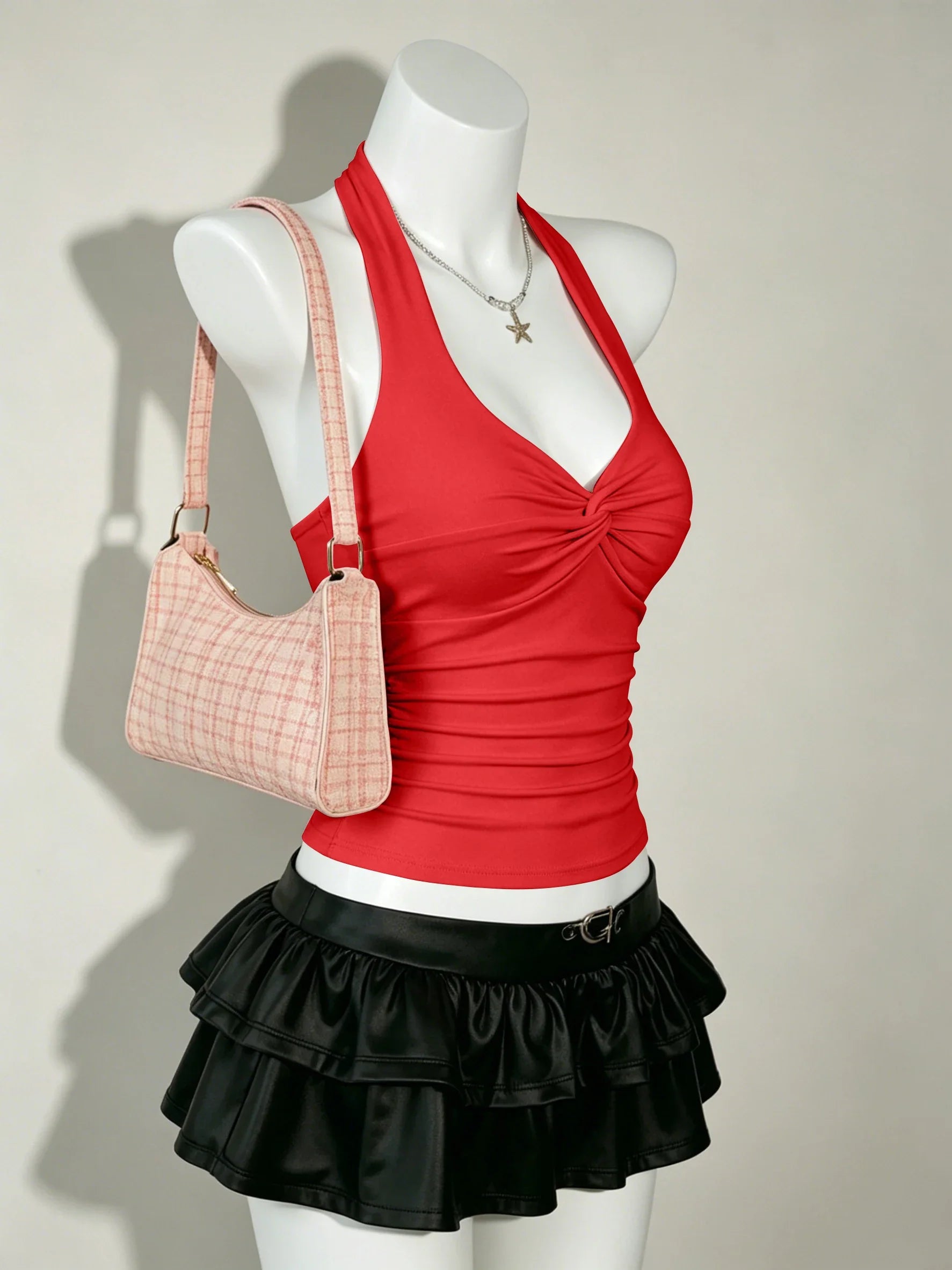 Halter Deep V Neck Front Twist Ruched Slim Fit Cropped Cami Top