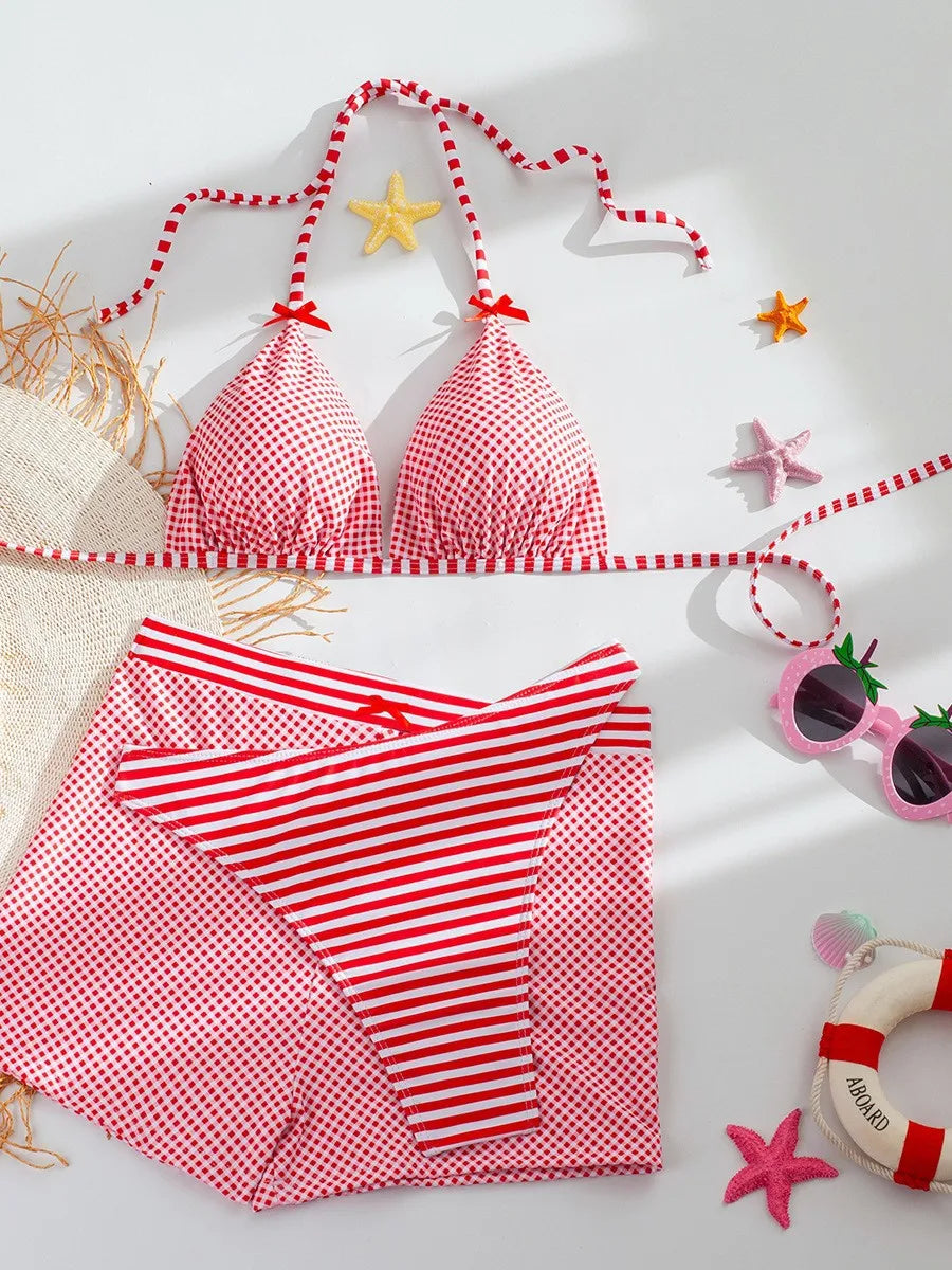 Sexy Red Striped High Waist Short 3 Piece Bikini Set