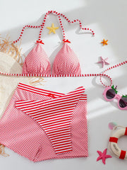 Sexy Red Striped High Waist Short 3 Piece Bikini Set
