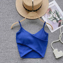 V Neck Spaghetti Strap Camisole Cross Wrap Front Cutout Hem Ribbed Slim Cropped Tank Top