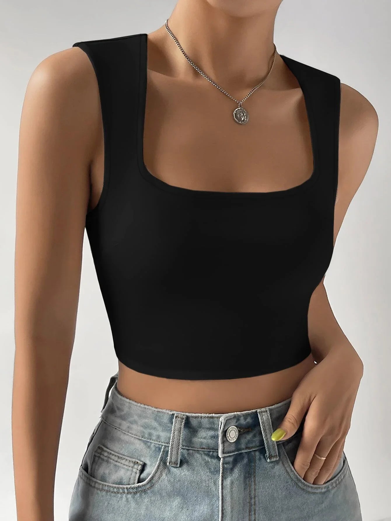 Women's Black Square Neck Tank Top