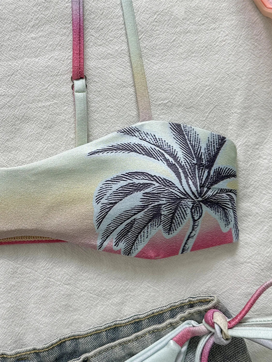 Sexy Pink Gradient Coconut Tree Print Bikini Set