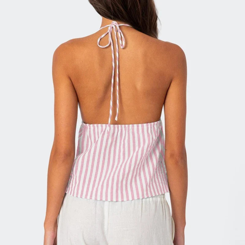 Striped Front Tie Up Halter Neck Cami Sexy Low Cut Backless Crop Tops