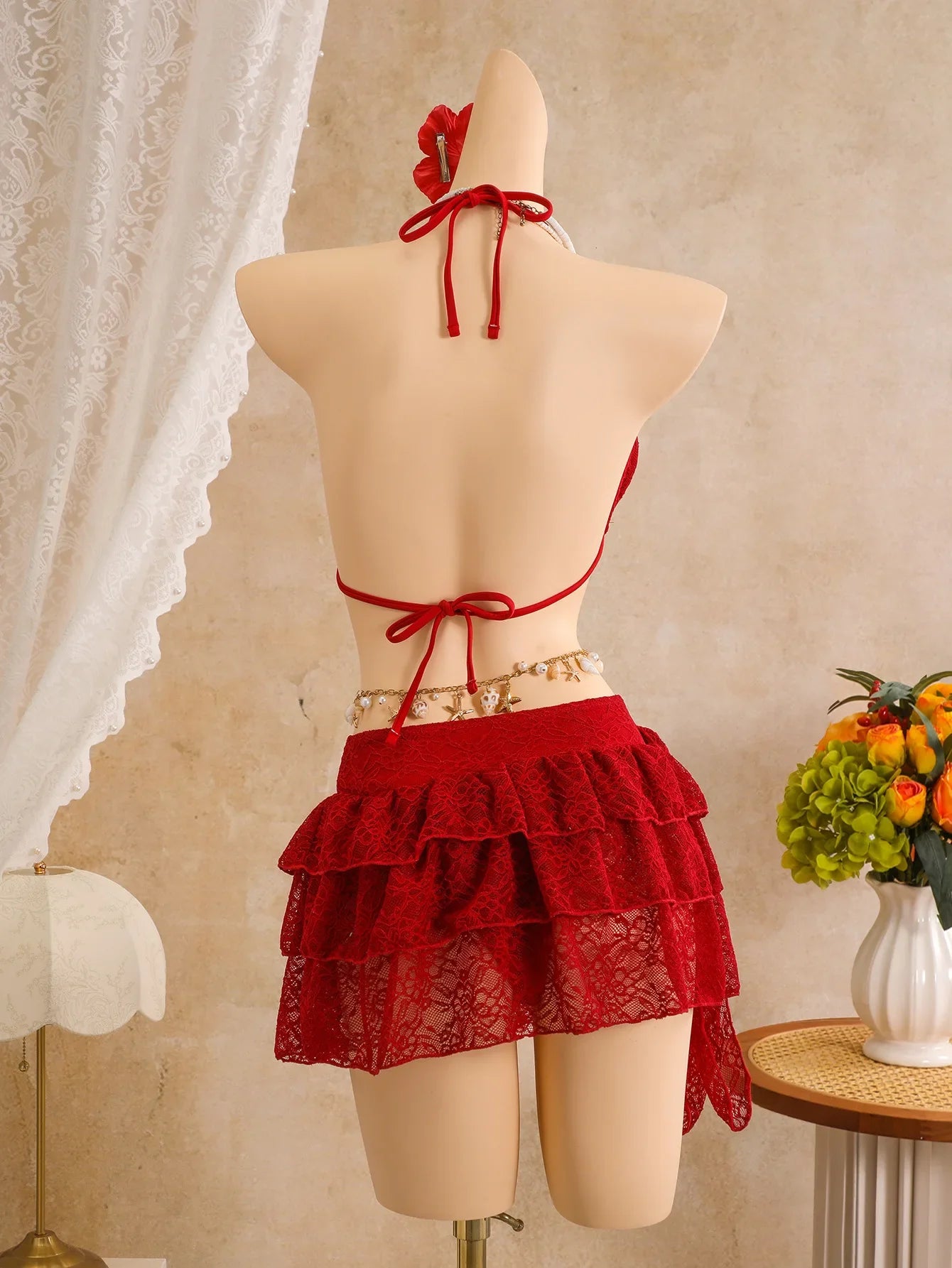 Vintage Red Pleate Skirt 3 Piece Bikini Set