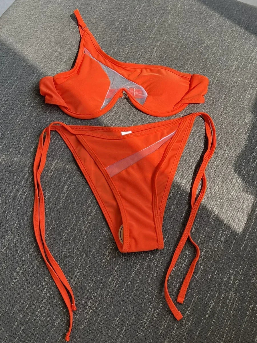 Splicing Mesh One Shoulder Underwire V-bar Bikini