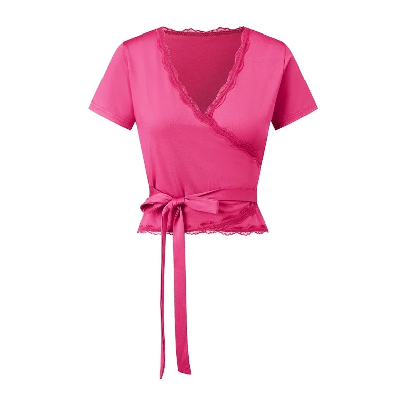 Lace Trim Wrap V Neck T-shirt Short Sleeve Self Tie Waist Slim Cropped Blouse Y2K Coquette Going Out Casual Crop Tops