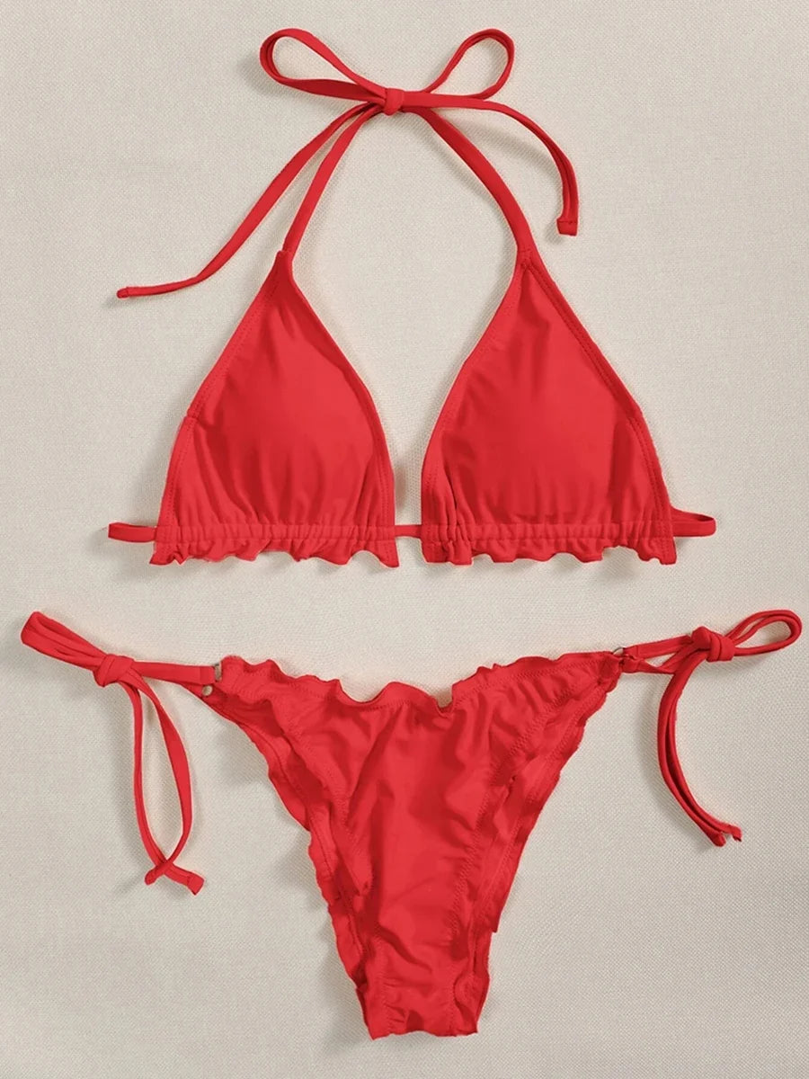 Ribbed Ruffled Frilled Brazilian Bikini