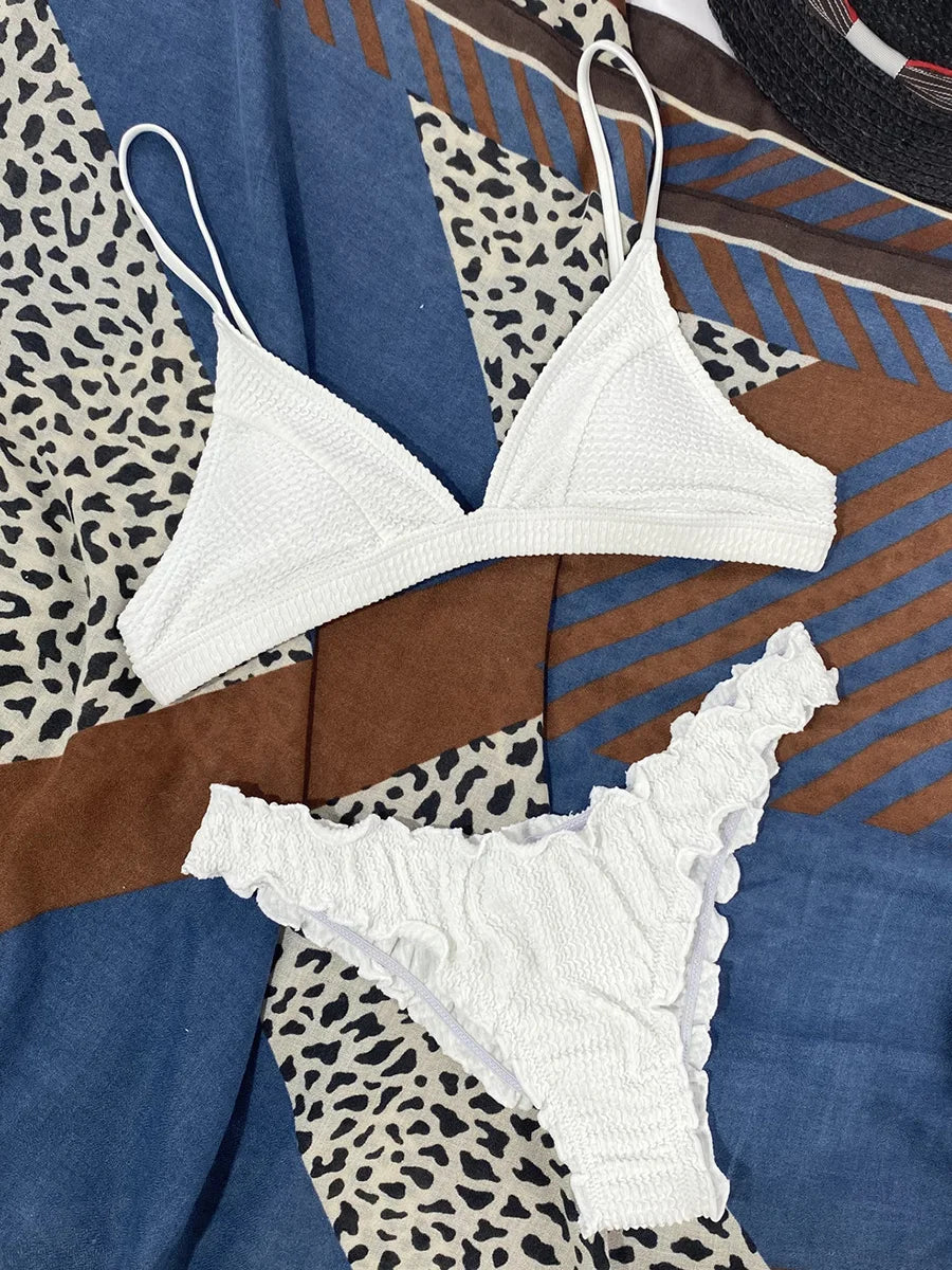 Sexy Wrinkled White Ruffled Frill Bikini