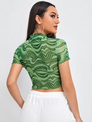 Chic Swirl Print Mesh Crop Top