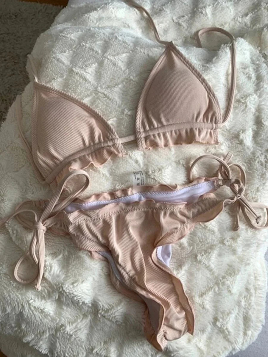 Ribbed Ruffled Frilled Brazilian Bikini