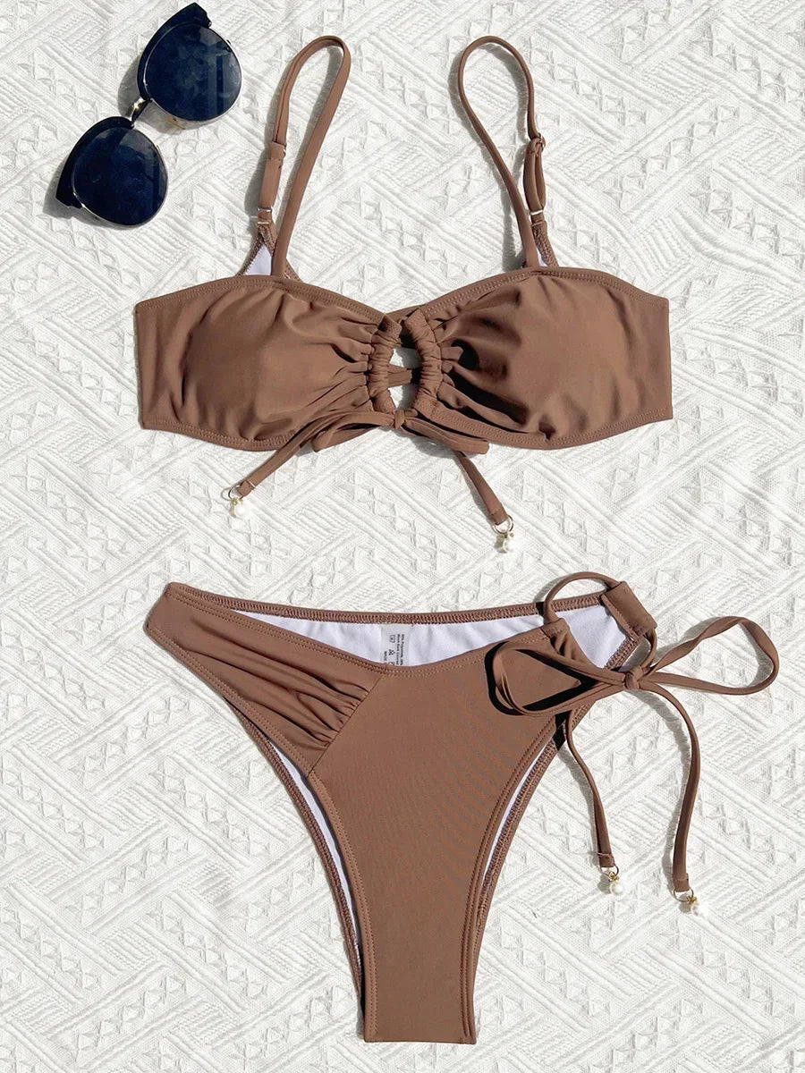 S - XL Asymmetric Wrinkled Hollow Out Bikini