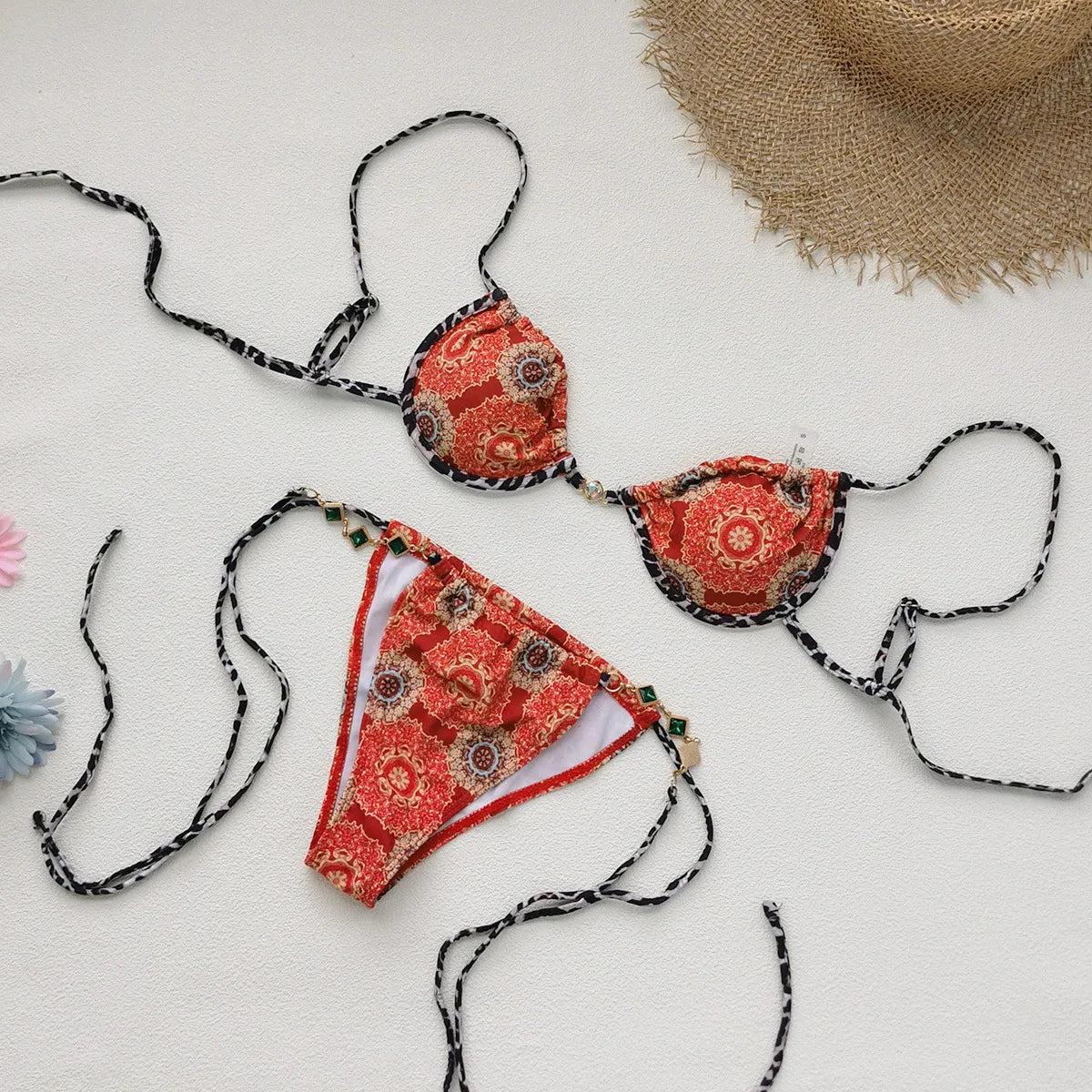 Sexy Red Floral Print Micro Bikini