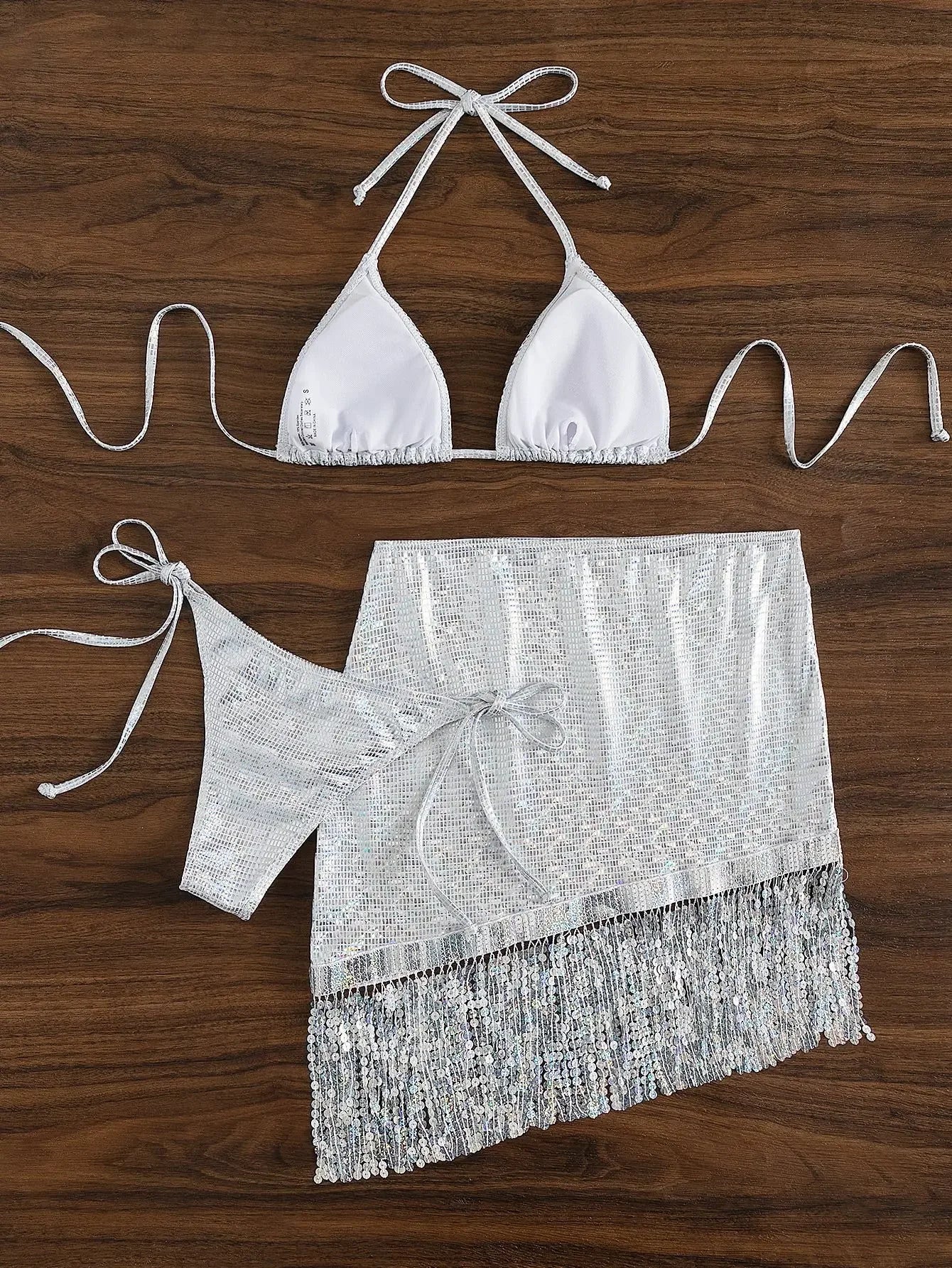 White Tassel Skirt 3 Piece Bikinis Sets