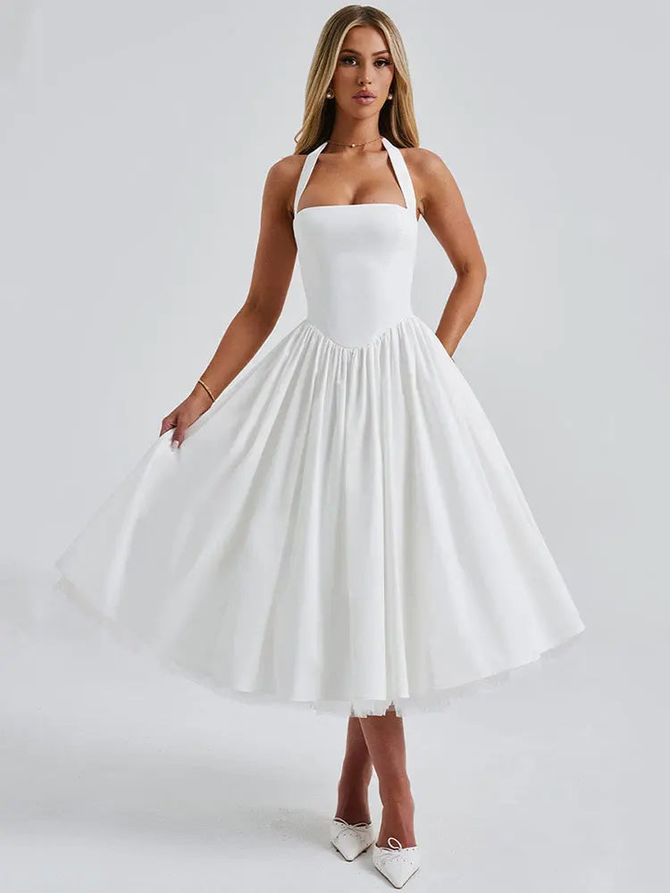 Mesh Back Bandage Halter Sexy Midi Long Dress