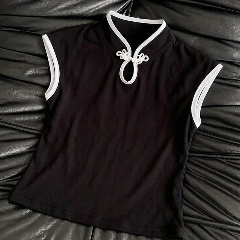 Fashionable Cheongsam Collar Short Sleeved Tops
