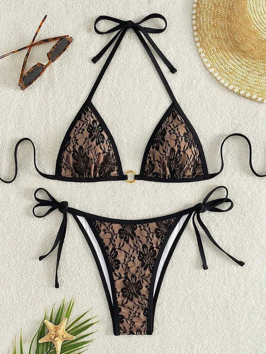 Embroidery Mesh Lace Halter High Cut Bikini