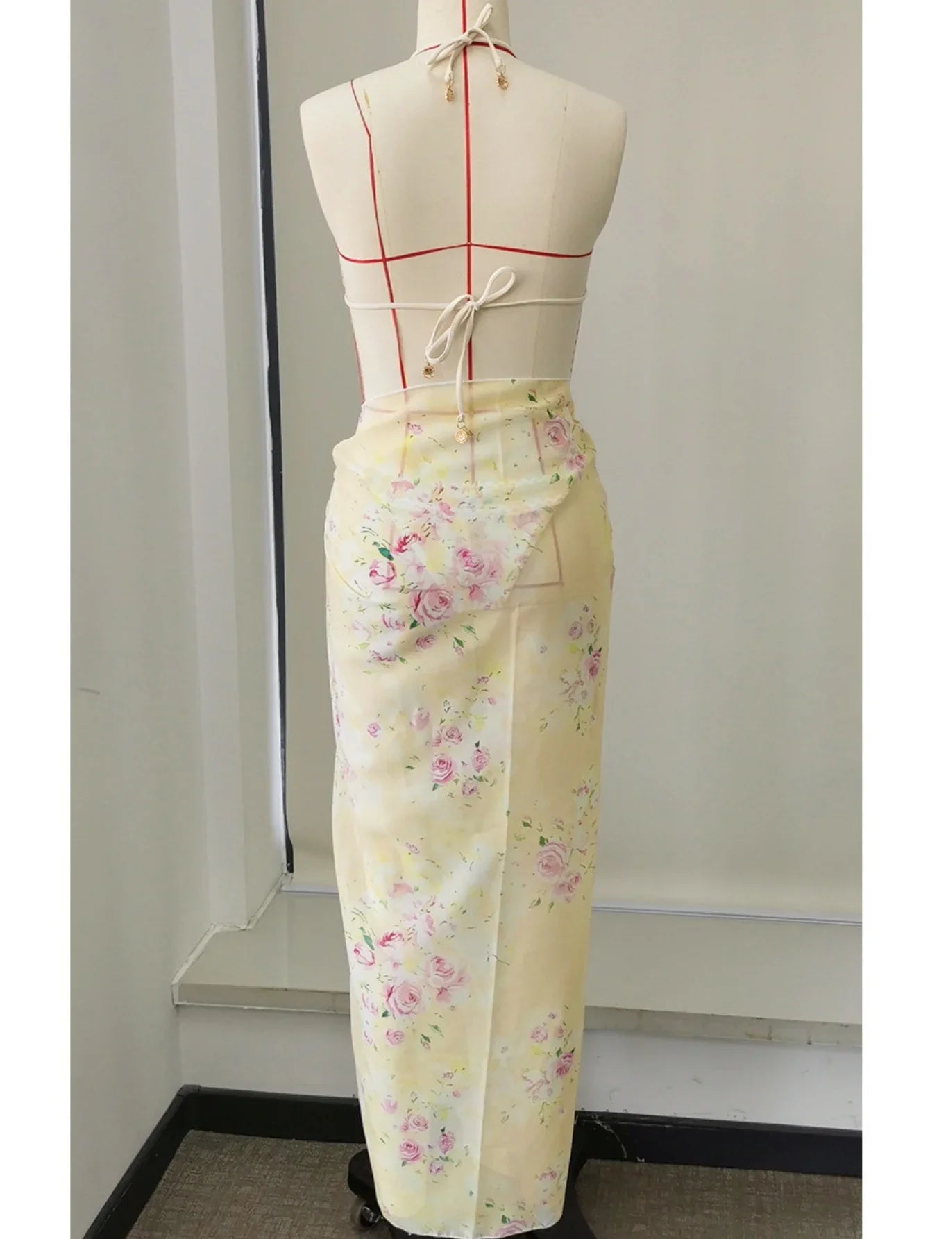 Sexy Yellow Floral Print Long Skirt 3 Piece Swimsuit
