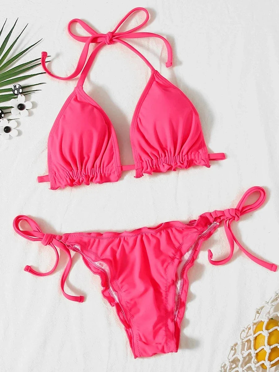 Ribbed Ruffled Frilled Brazilian Bikini