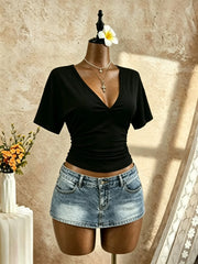 Front Side Ruched Slim Fit Cropped Casual T Shirt