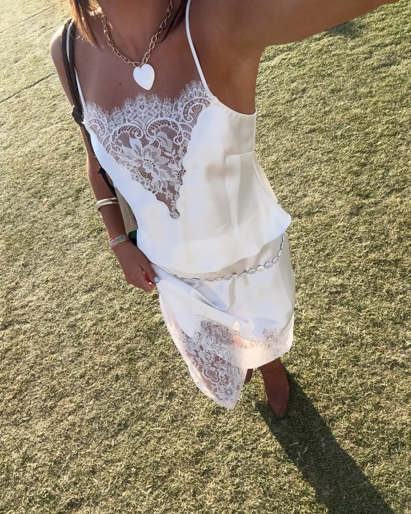 White Satin Lace Patchwork Medium Length Camisole Skirt Shoulder Straps Transparent Lace Hem Elegant Seaside Vacation Long Skirt