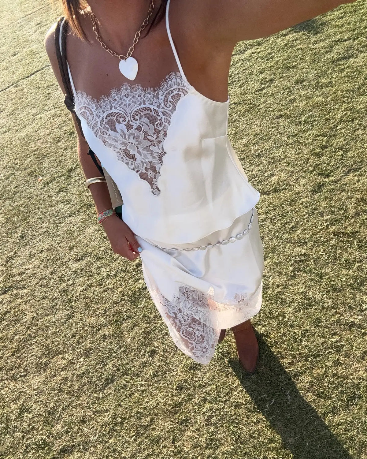 White Satin Lace Patchwork Medium Length Camisole Skirt Shoulder Straps Transparent Lace Hem Elegant Seaside Vacation Long Skirt