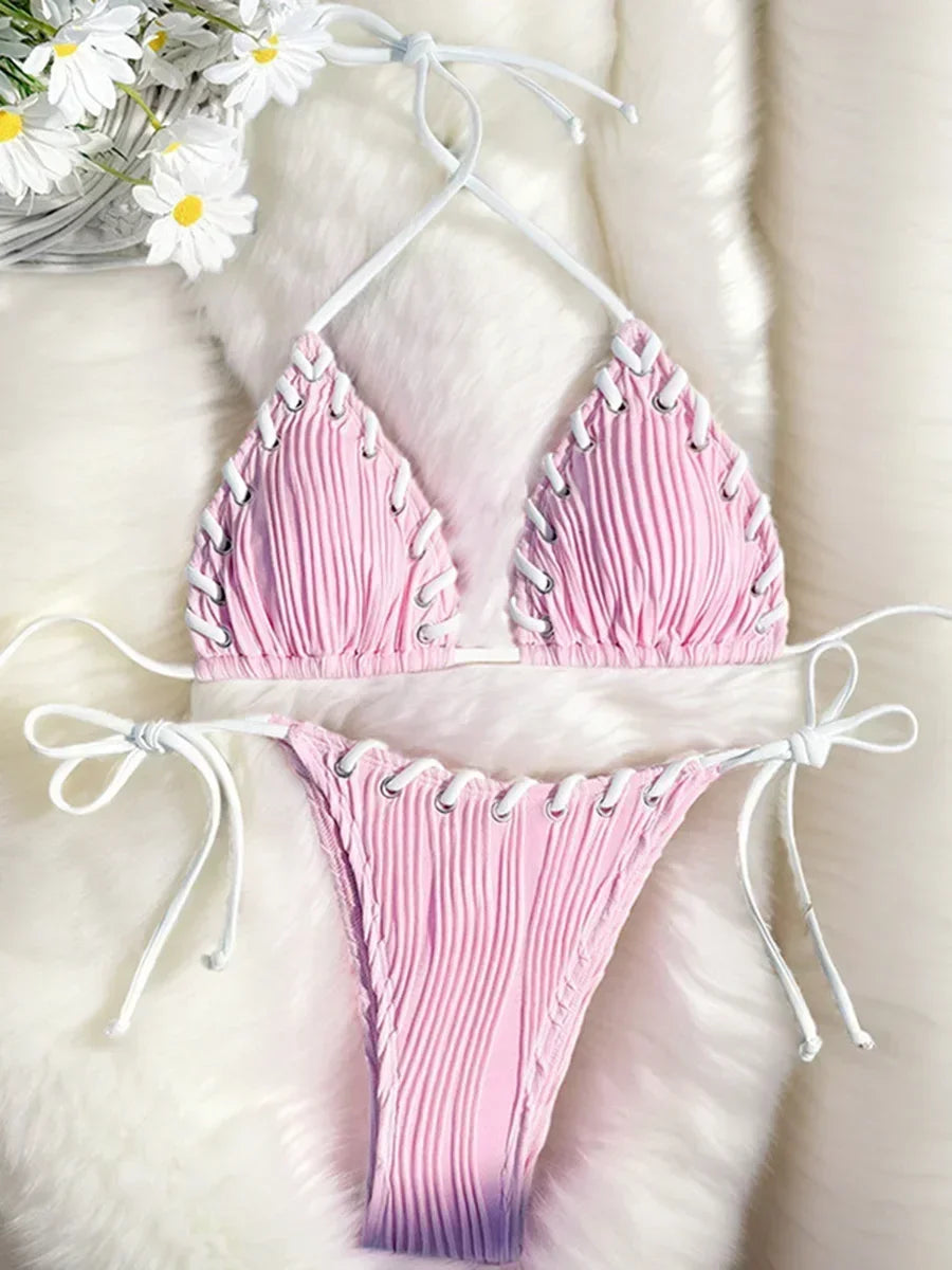 Halter Wrinkled Weaved Bikini