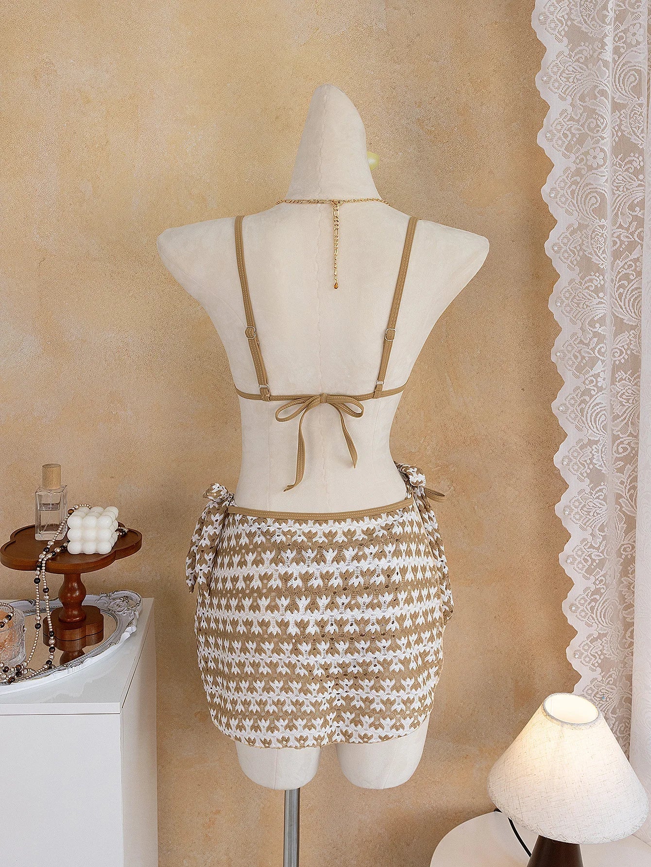 Vintage Khaki Striped Knitted Bikini Set