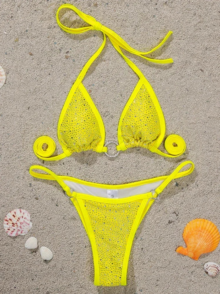 Halter Shiny Rhinestone Diamond Mini Micro Bikini