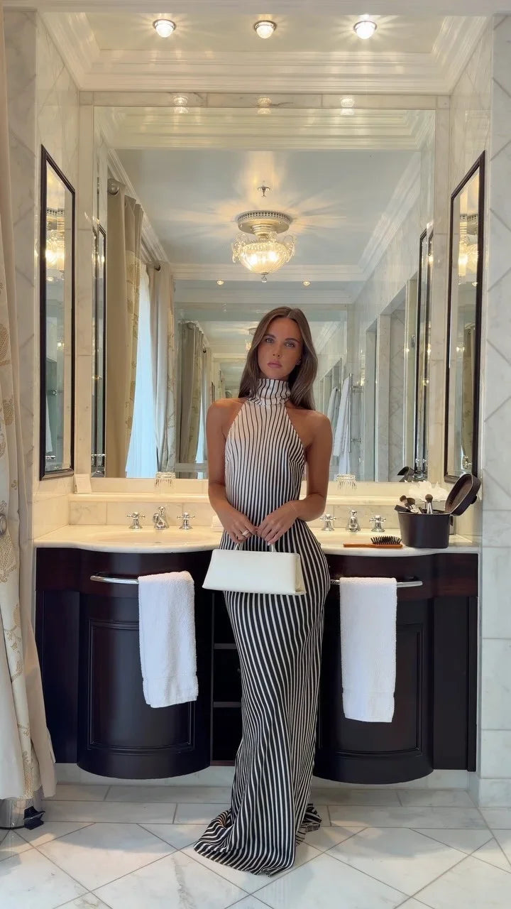 Sexy Backless Zebra  Striped Halter Maxi Dress