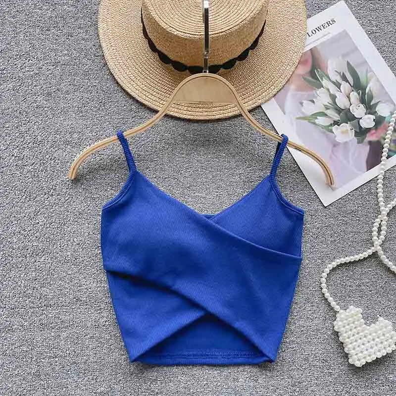 V Neck Spaghetti Strap Camisole Cross Wrap Front Cutout Hem Ribbed Slim Cropped Tank Top